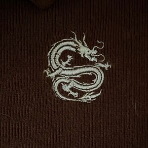 Justify Large cropped brown collared shirt with embroidered snake